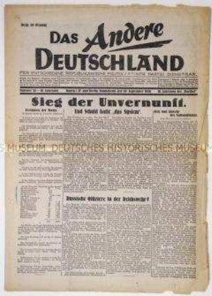Pazifistische Wochenzeitung "Das Andere Deutschland" zu den Ergebnissen der Reichstagswahl 1930