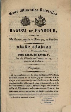 Eaux minérales naturelles de Ragazi et Pandour, provenant des sources royales de Kissingen, en Bavière
