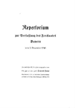 Repertorium zur Verfassung des Freistaates Bayern vom 2. Dezember 1946 : In amtl. Auftr.