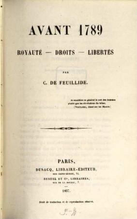 Avant 1789 : Royauté-Droits-Libertés