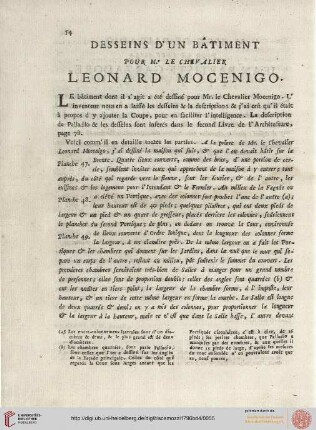 Desseins d'un bâtiment pour Mr. Le chevalier Leonard Mocenigo