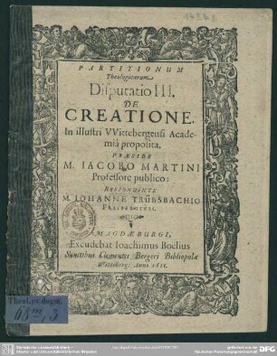 Partitionum Theologicarum, Disputatio III. De Creatione