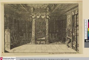 Livre dappartement; [Ansicht eines Innenraums mit Bett und Kamin]