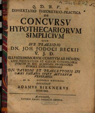 Dissertatio Theoretico-Practica De Concursu Hypothecariorum Simplicium
