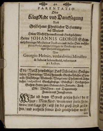 Parentatio Oder KlagRede und Dancksagung Nach Geschehener Christliche Bestattung ...