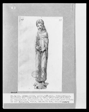 Les monuments de la monarchie française. Sammelband der Zeichnungen und Probedrucke Montfaucons — Saint-Denis, Abteikirche, Gewändefigur des mittleren Westportals (für Bd. I, Taf. XVII), Folio fol. 59