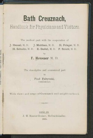Bath Creuznach, handbook for physicians and visitors