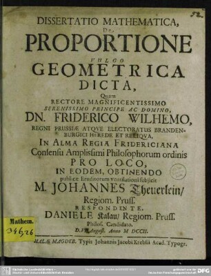 Dissertatio Mathematica, De Proportione Vulgo Geometrica Dicta