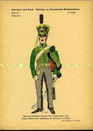 Uniformdarstellung, Gemeiner des Husaren-Regiments "Herzog von Cumberland", Kurfürstentum Hannover, 1815.