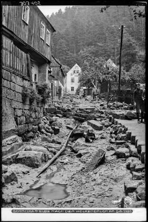 Schmilka (Bad Schandau). Dorfstraße im Schmilkaer Grund mit Erosionsschäden des Wurzelbaches durch den Wolkenbruch am 5. Juni 1926