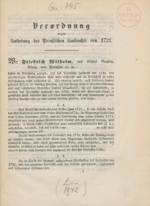 Verordnung wegen Aufhebung des Preußischen Landrechts von 1721