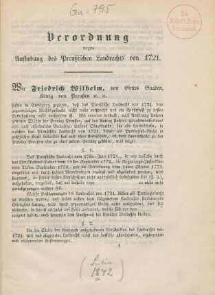 Verordnung wegen Aufhebung des Preußischen Landrechts von 1721