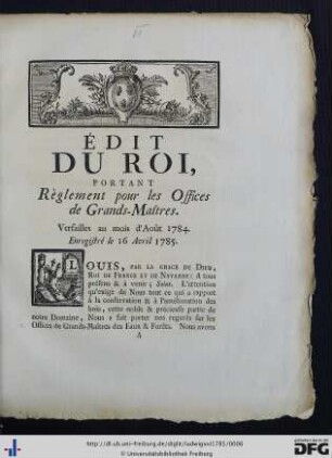 Édit du Roi, portant Règlement pour les Offices de Grands-Maîtres.