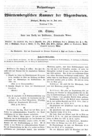 138. Sitzung, Stuttgart, 16.7.1861