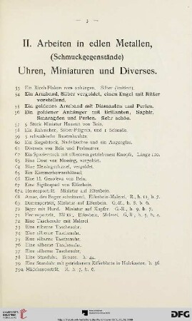 II. Arbeiten in edlen Metallen (Schmuckgegenstände), Uhren, Miniaturen und Diverses (Nr. 53-80e)