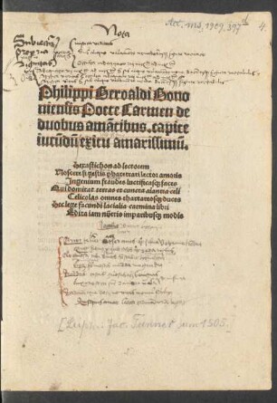 Philippi Beroaldi Bono||niensis Poete Carmen de || duobus amãtibus. capite || iucūdū exitu amarissimū ||... ||(Fabula Tancredi ex bocca||tio in latinum verso a Philippo Beroaldo.||)[Hrsg. v. (Joannes Köler Libermontanus ... ||)]