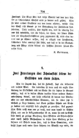Zwei Bemerkungen über Schulaufsicht seitens der Geistlichen von einem solchen