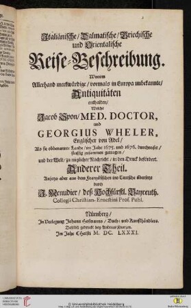 Titelblatt: Italiänische/Dalmatische/Griechische und Orientalische Reise-Beschreibung[...]