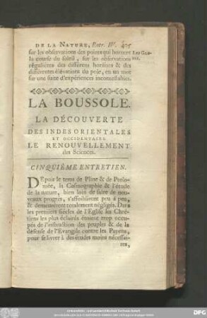 La Boussole. La Découverte Des Indes Orientales Et Occidentales. Le Renouvellement des Sciences. Cinquième Entretien.