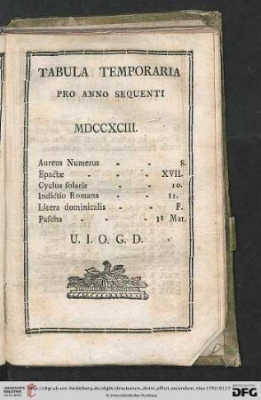 Tabula Temporaria pro anno sequenti MDCCXCIII