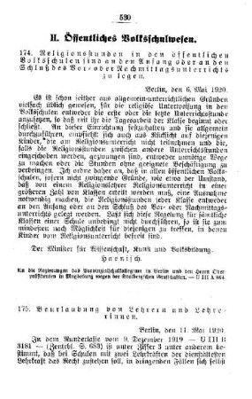 Beurlaubung von Lehrern und Lehrerinnen : [H. Öffentliches Volksschulwesen]