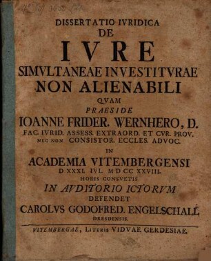 Dissertatio Ivridica De Ivre Simvltaneae Investitvrae Non Alienabili