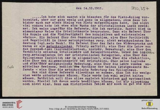 Heid. Hs. 3820,357: Brief von Emil Lask an Heinrich Rickert