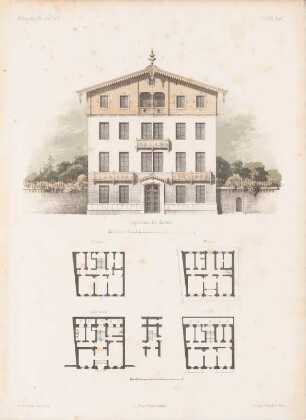 Logierhaus, Gastein: Grundrisse Keller EG, 1. OG, 2. OG, 3. OG, Treppe, Ansicht (aus: Architektonisches Skizzenbuch, H. 21, 1855)