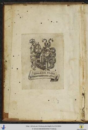 [Vorderer Spiegel] Wappen-Exlibris des Collegium Pacis Friburgensis von 1756.