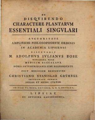 De disquirendo charactere plantarum essentiali singulari