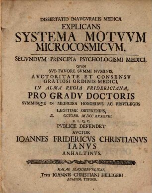 Dissertatio Inavgvralis Medica Explicans Systema Motvvm Microcosmicvm : Secvndvm Principia Psychologismi Medici