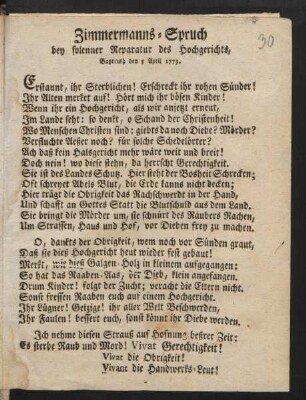 Zimmermanns-Spruch bey solenner Reparatur des Hochgerichts : Bayreuth den 5 April 1773.