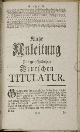 Kurtze Anleitung Zur gewöhnlichen Teutschen Titulatur
