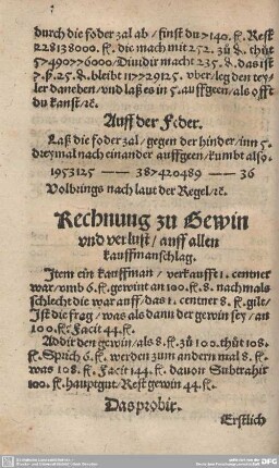 Rechnung zu Gewin und verlust/auff allen kauffmanschlag.