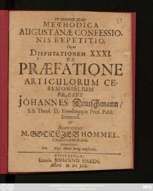 Methodica Augustanae Confessionis Repetitio, Cuius Disputationem XXXI. De Praefatione Articulorum Ceremonialium