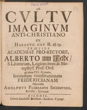 De Cvltv Imaginvm Anti-Christiano : ex Habacvc. Cap. II. 18. 19.