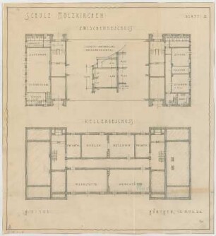 Fischer, Theodor; Holzkirchen; Schule - Grundriss Keller, Grundriss Zwischengeschoss; Zeichensaal Zwischengeschoss (Schnitt)