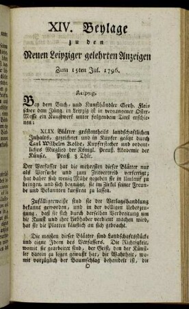 XIV. Beylage zu den Leipziger gelehrten Anzeigen - Zum 15ten Jul. 1796.