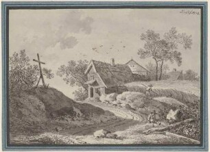 Holzkreuz neben Bauernhäusern
