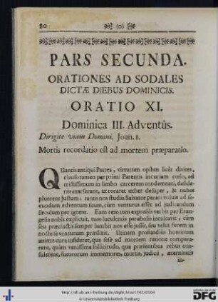 Pars Secunda. Orationes Ad Sodales Dictae Diebus Dominicis.