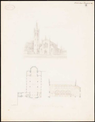 Evangelische Kirche: Grundriss, Längsschnitt, Perspektivische Ansicht