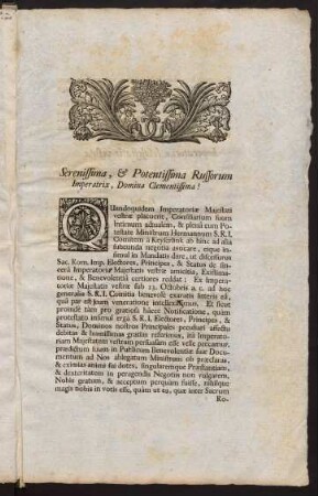 0f-og, Serenissima, & Potentissima Russorum Imperiatrix, Domina Clementissima!