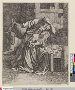[La Ste. Vierge à genoux, et derrière elle St. Joseph debout, adorant l'enfant Jésus couché dans la crèche; The Nativity; Geburt Christi]
