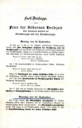 Silberne Hochzeit von Großherzog Friedrich II. und Großherzogin Hilda. "Hof-Ansage. Feier der Silbernen Hochzeit Ihrer Königlichen Hoheit des Grossherzogs und der Grossherzogin" (Festprogramm)
