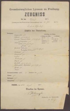 Zeugnis von Constantin Fehrenbach für das Schuljahr 1869/70