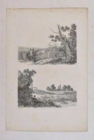 Zwei Landschaftsstudien (oben mit einer Bäuerin, unten mit einem Kind), aus: Gründliche Zeichenschule für Landschafter, Tafel II aus Heft II