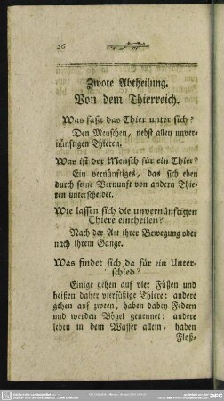 Zwote Abtheilung. Von dem Thierreich