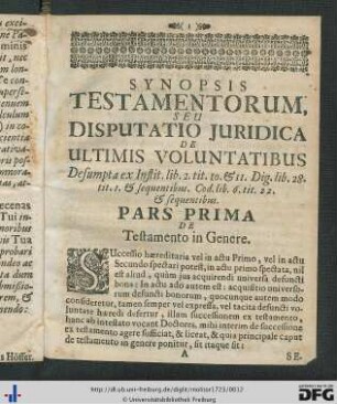 Pars Prima. De Testamento In Genere.
