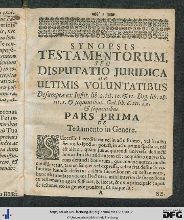 Pars Prima. De Testamento In Genere.
