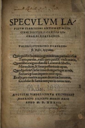Speculum Lapidum Clarissimi Artium Et medicinae Doctoris Camilli Leonardi Pisavrensis